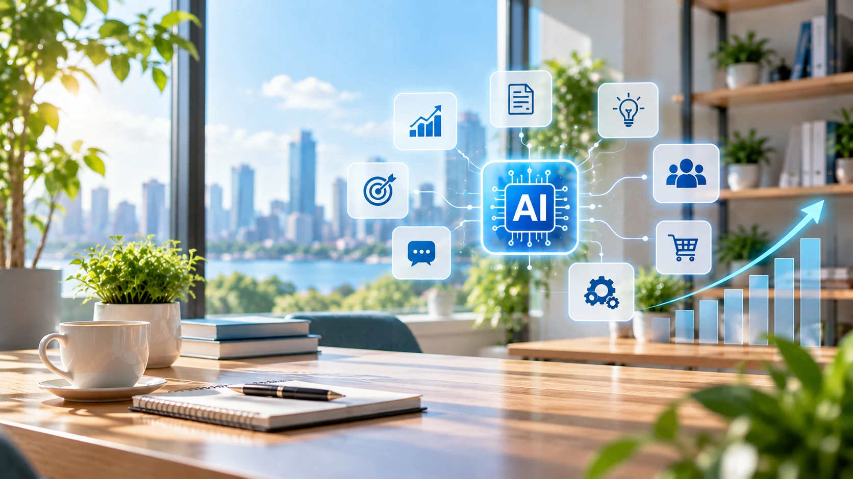 AI icons for finance, customer care, logistics and growth connected to a central AI chip in a bright modern office