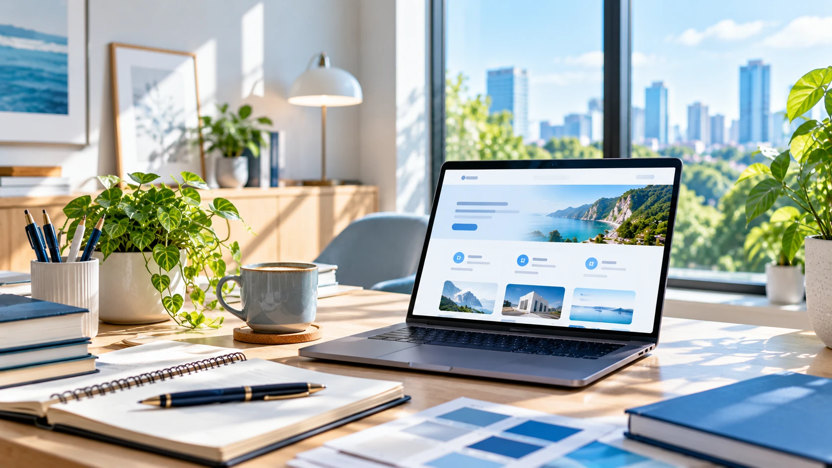 Bright modern workspace with a laptop showing a clean website design, plants and a notebook